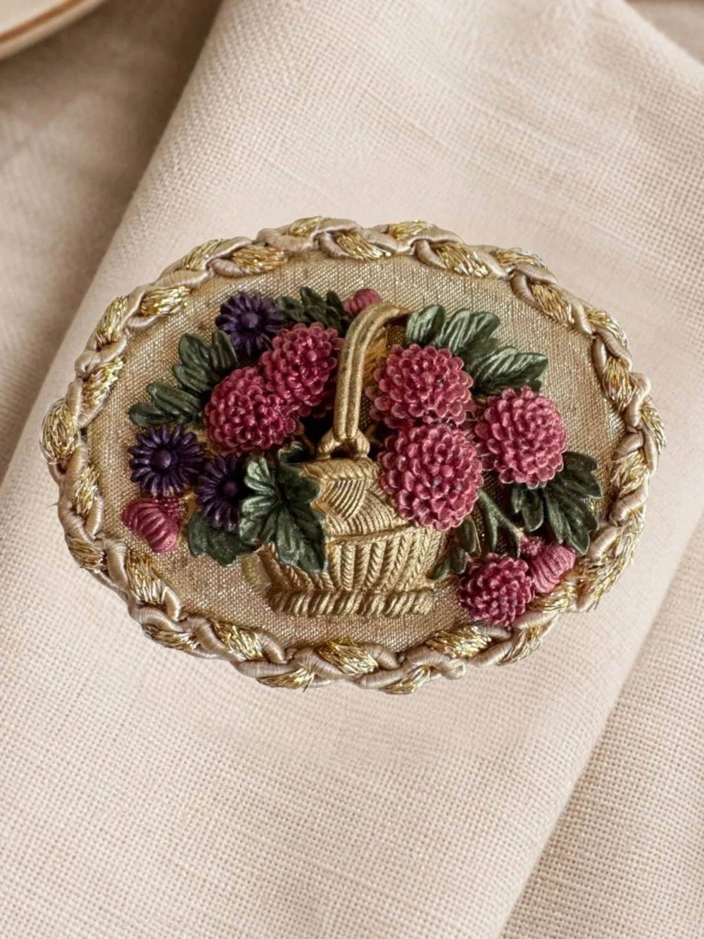 Vintage Flower Basket Brooch Pink Purple Resin Fabric Oval Gold Tone Costume Pin